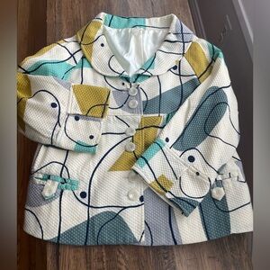 Lapis Anthropologie Cotton Blazer Abstract Print Black Teal Green Yellow - M